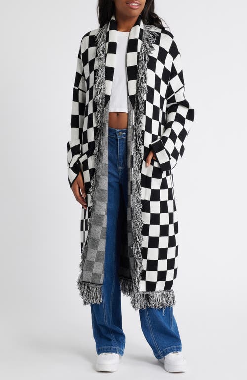 Dressed in Lala Checkerboard Fringe Detail Blanket Cardigan in Black/White 