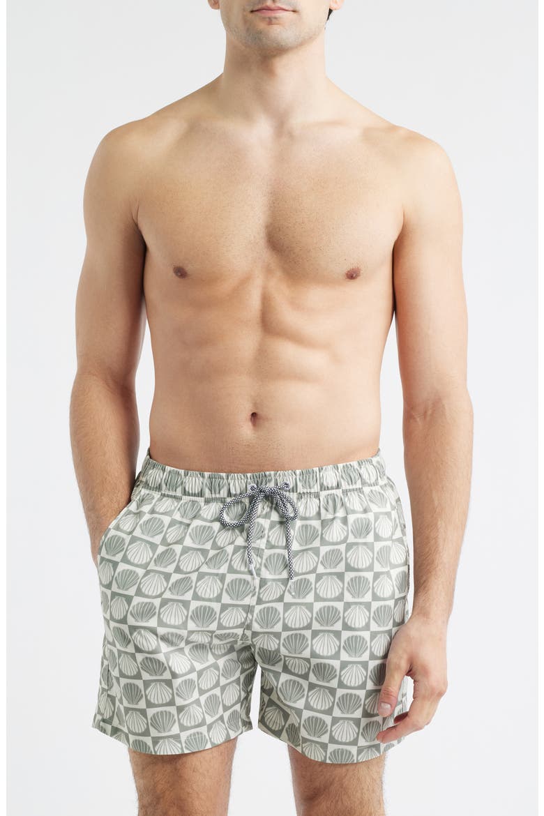 Seashell Print Swim Trunks, Main, color, OLIVE/ CREAM