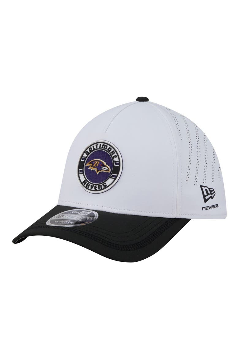 Men's New Era White/Black Baltimore Ravens Patch 39THIRTY A-Frame M-Crown Perforated Flex Hat, Main, color, White