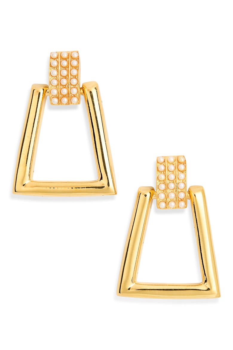 Faux Pearl Geometric Doorknocker Drop Earrings, Main, color, GOLD