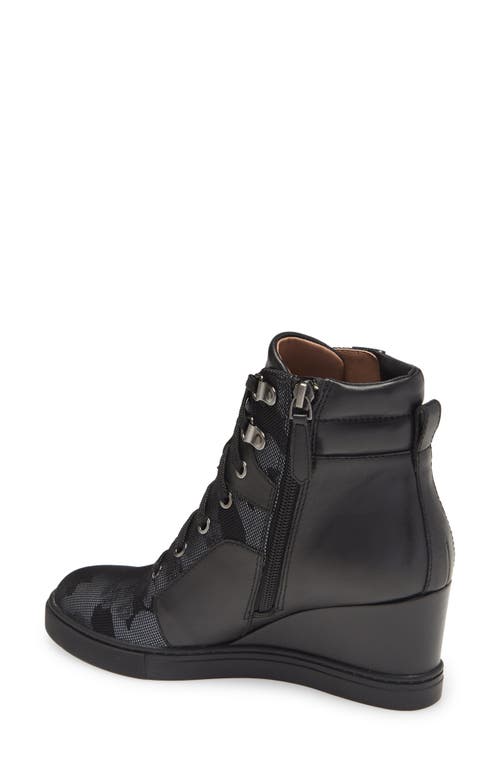 Shop Linea Paolo Fleur Wedge Sneaker In Black Camo Fabric/leather