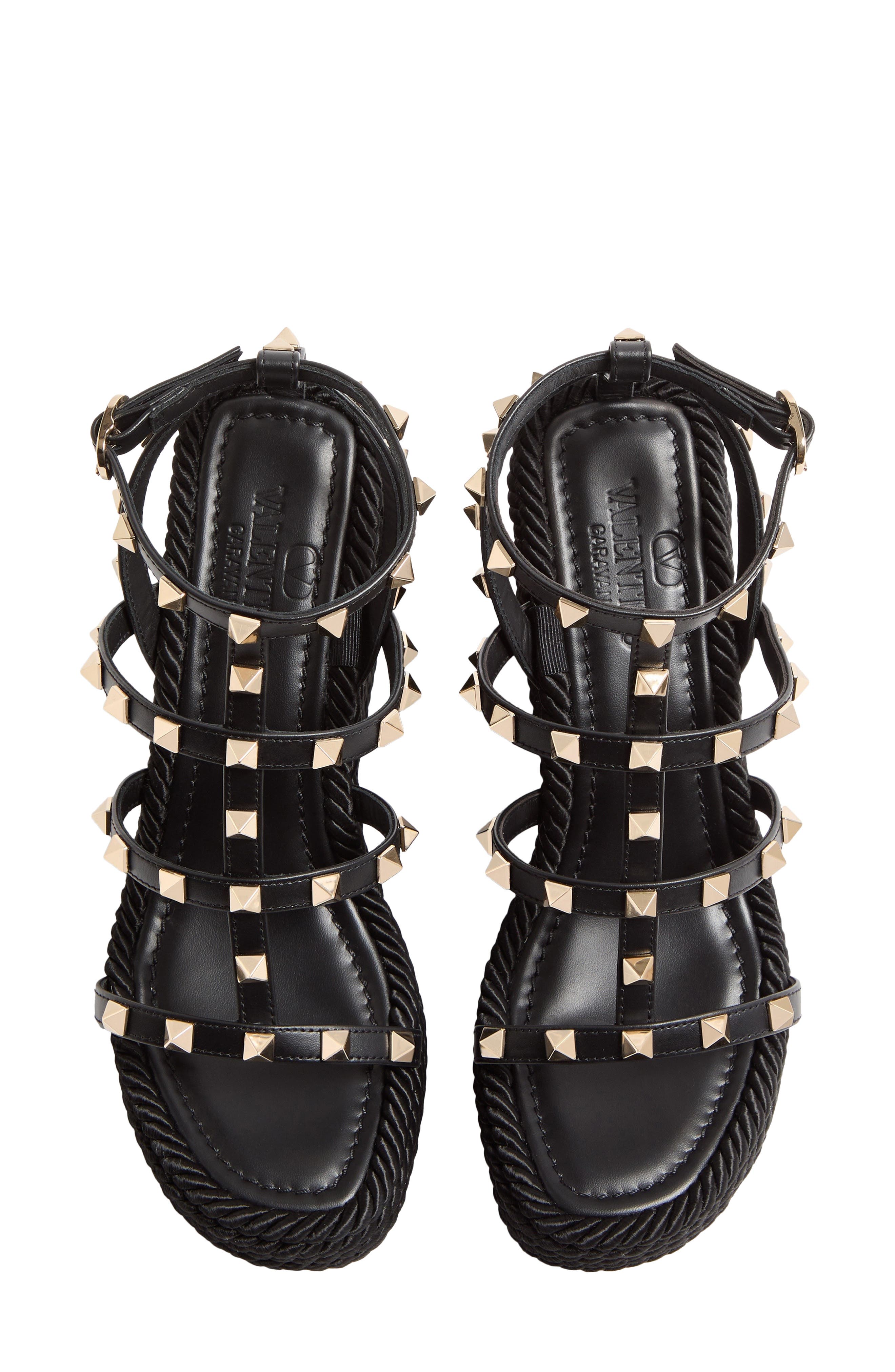 Valentino Rockstud Ankle Strap Wedge Sandal, Alternate, color, Black