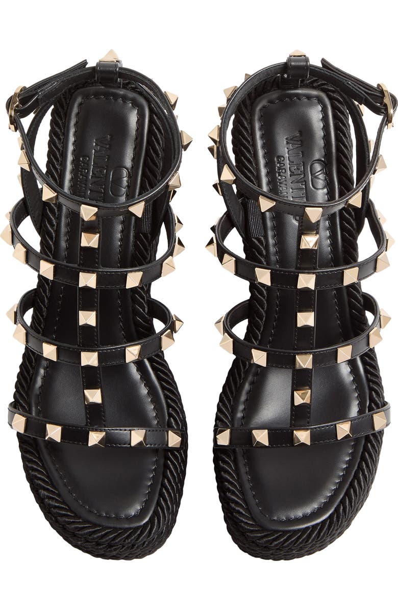Valentino Rockstud Ankle Strap Wedge Sandal, Alternate, color, Black