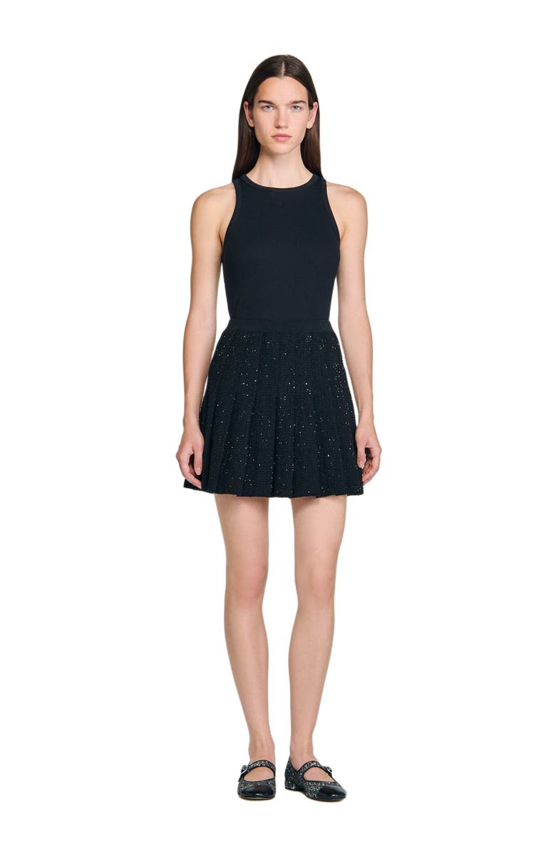 SANDRO Mini tweed pleated skirt, Alternate, color, Black