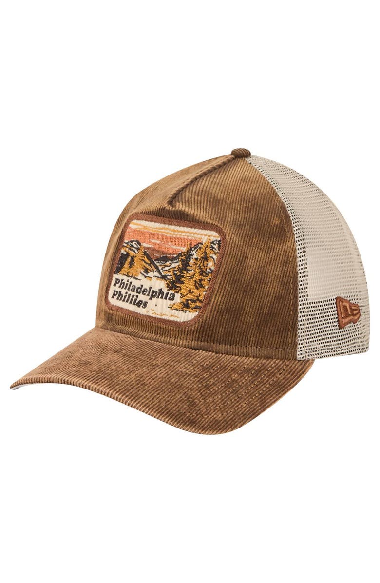 New Era Men's New Era Dark Brown Philadelphia Phillies Vintage Landscape 9TWENTY A-Frame Adjustable Trucker Hat, Alternate, color, 