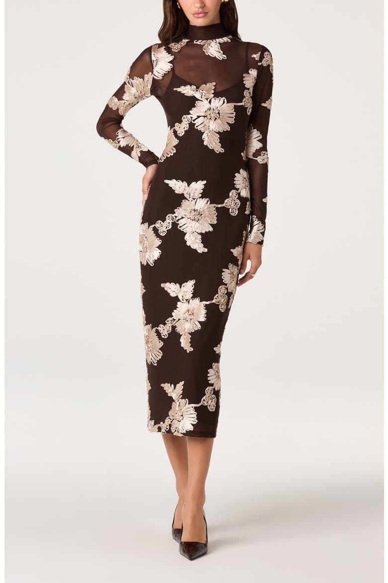 Florentine Floral Embroidered Mock Neck Midi Dress, Main, color, BROWN CREAM FLORAL