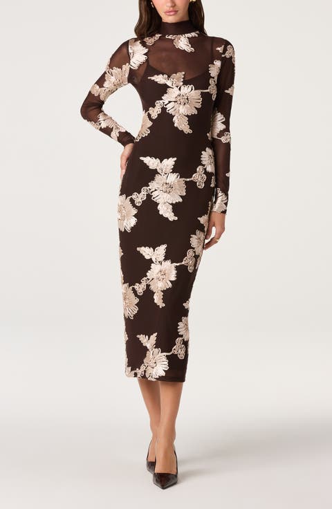 Florentine Floral Embroidered Mock Neck Midi Dress