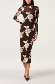 ASTR the Label Florentine Floral Embroidered Mock Neck Midi Dress