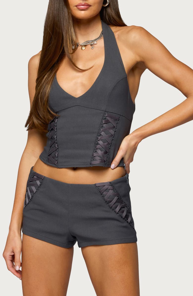 EDIKTED Lirah Laced-Up Halter Top, Main, color, Dark-Gray