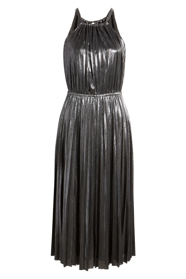 Metallic Pleated Cocktail Dress, Alternate, color, GUNMETAL