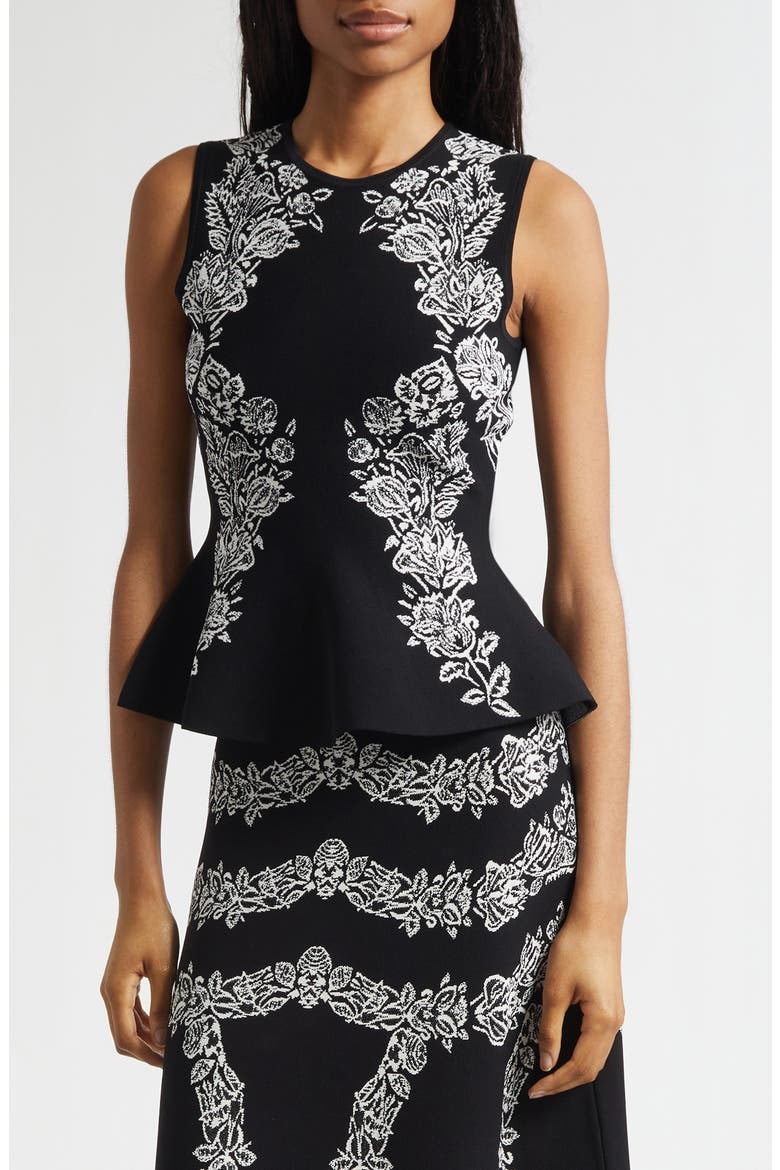 Vanna Floral Jacquard Peplum Tank, Main, color, NOIR