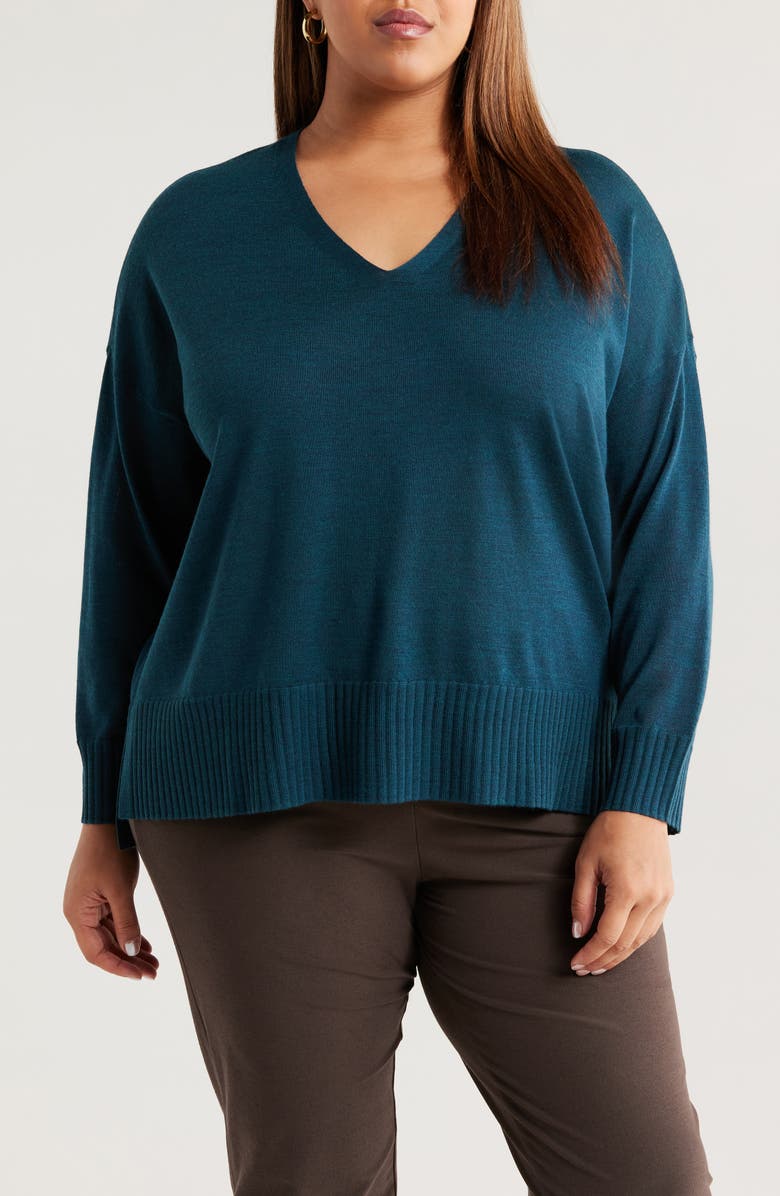 Eileen Fisher V-Neck Merino Wool Sweater, Main, color, Blue Spruce