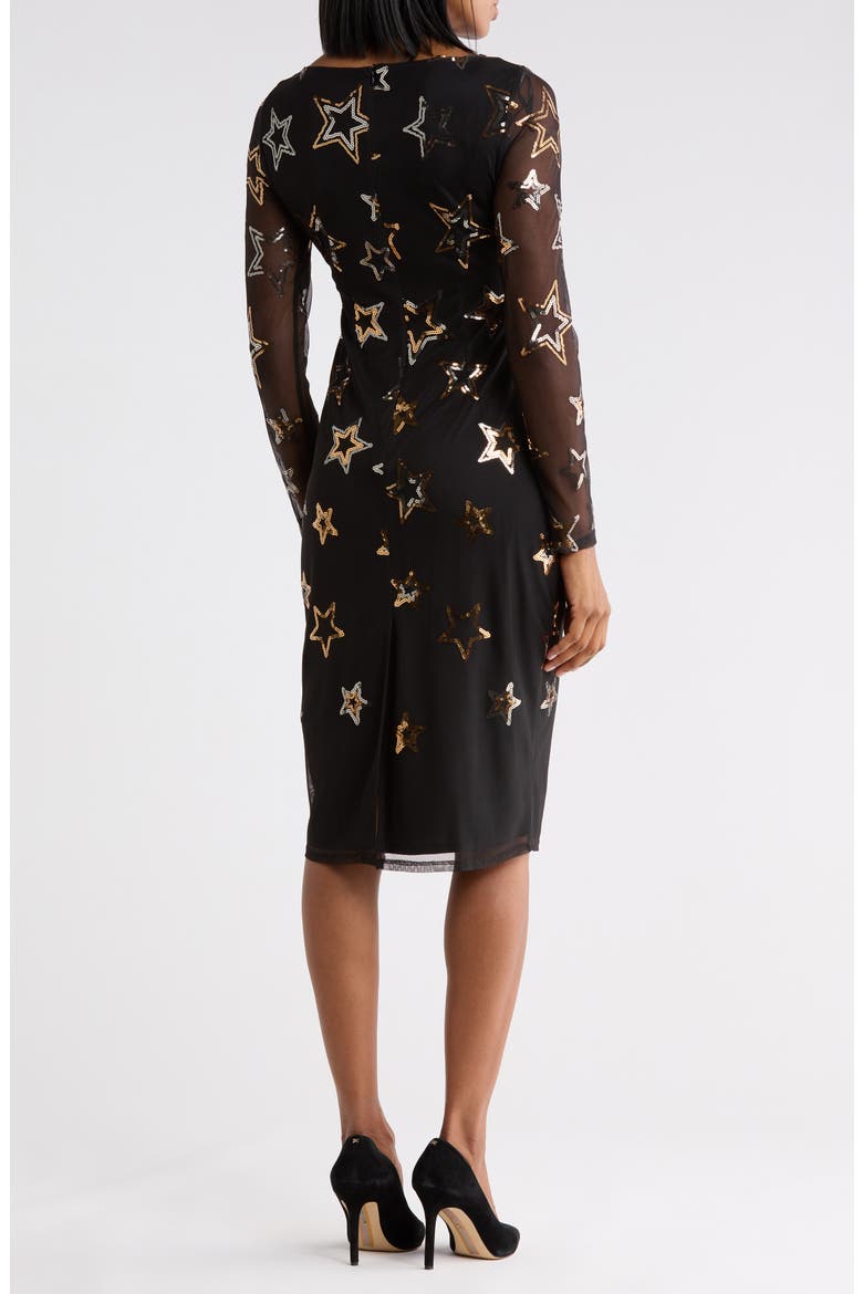 Sequined Star Mesh Long Sleeve Midi Body-Con Dress, Alternate, color, BLACK GOLD