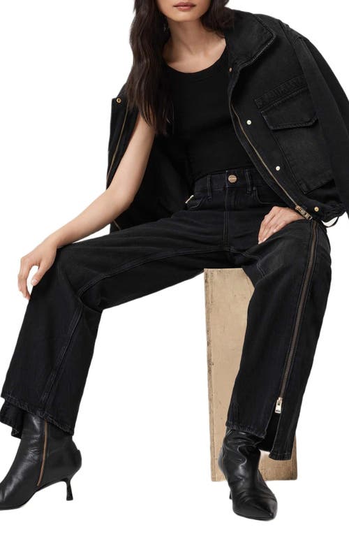 Allsaints Frankie Side Zip Detail Step Hem Wide Leg Jeans In Black