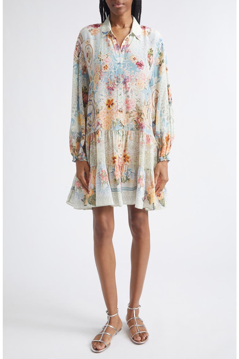Floral Print Long Sleeve Silk Shirtdress, Main, color, A TASTE FOR LACE