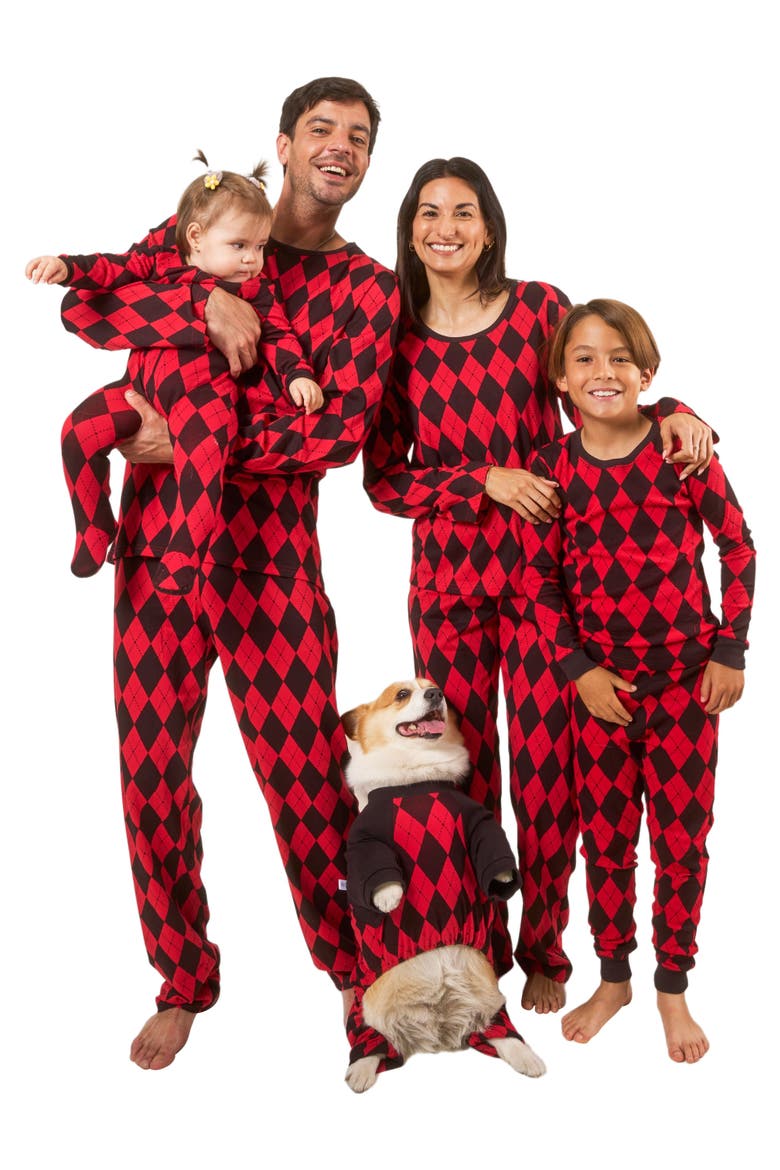Kids Footed Printed Cotton Matching Family Holiday Pajamas, Argyles & Holiday Prints, Alternate, color, Argyle Black & Red