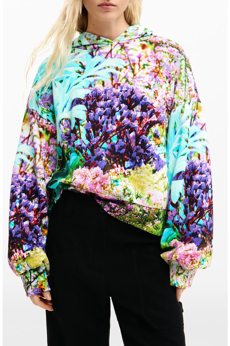 Printed Oversize Cotton Hoodie, Main, color, AQUA/ GREEN/ BLACK MULTI