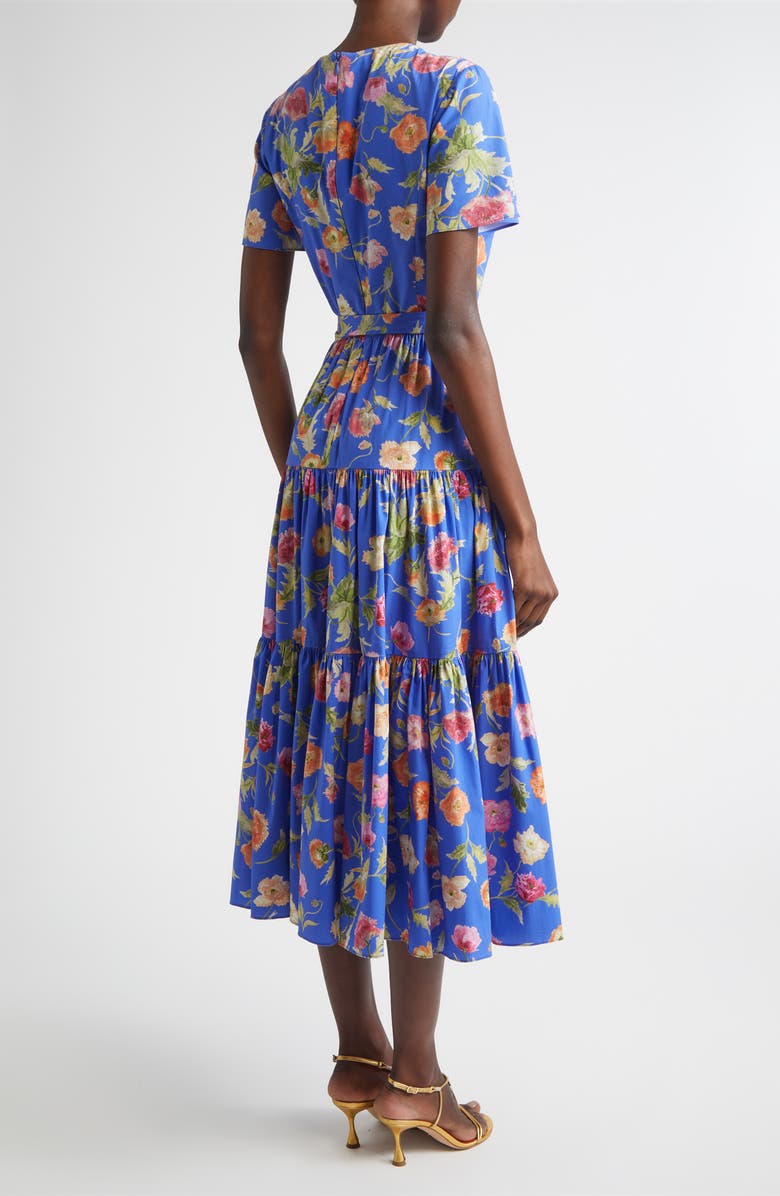 Carolina Herrera Poppy Print Tiered stretch Cotton Midi Dress, Alternate, color, Bluebell Multi