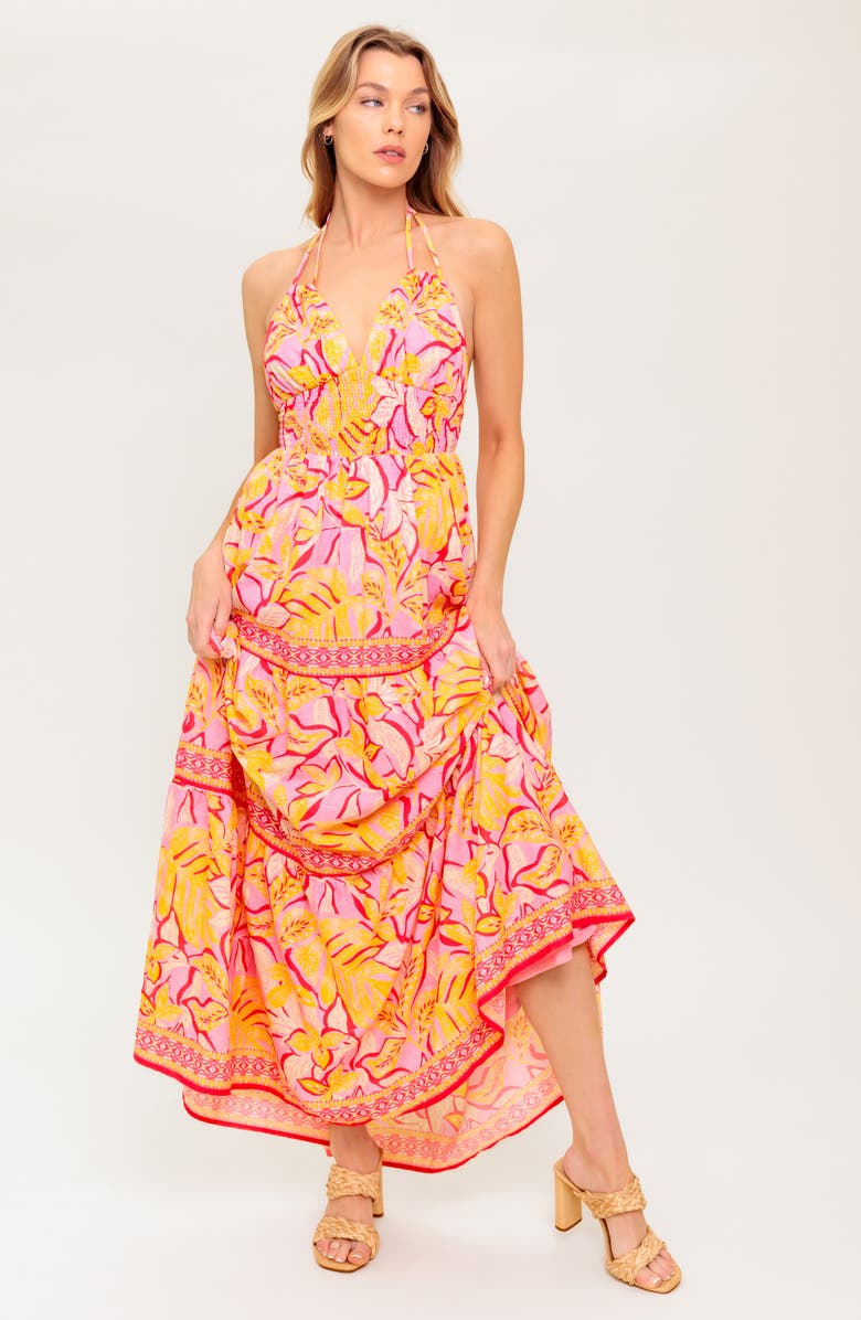 FLYING TOMATO Tropical Print Halter Maxi Dress, Alternate, color, Pink/ Mustard
