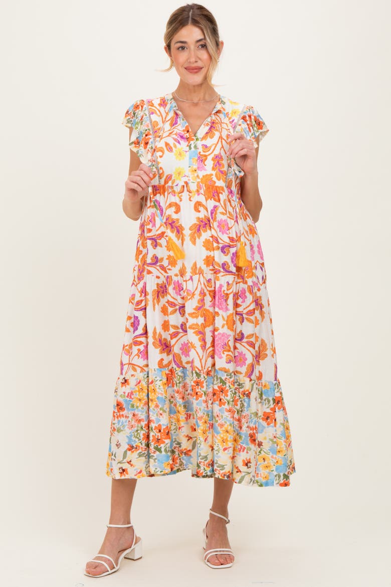 Colorblock Floral Tassel Front Tie Dress, Alternate, color, Orange