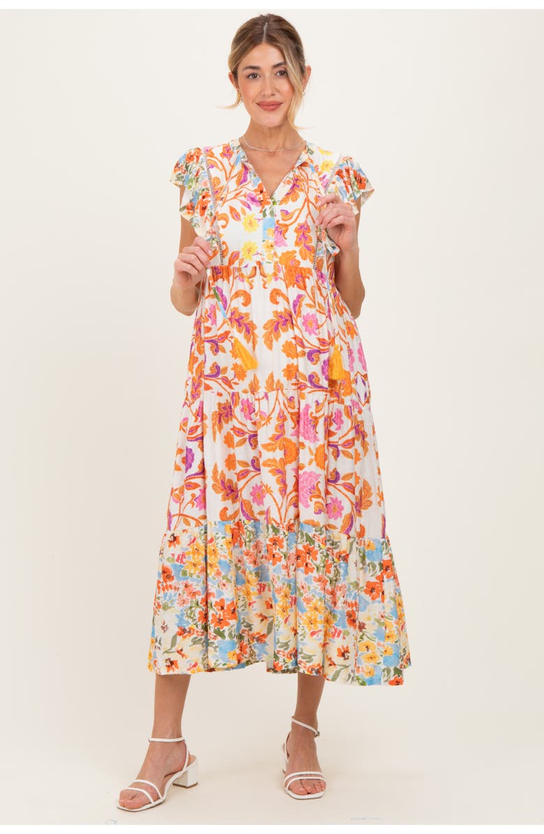 PinkBlush Colorblock Floral Tassel Front Tie Dress, Alternate, color, Orange