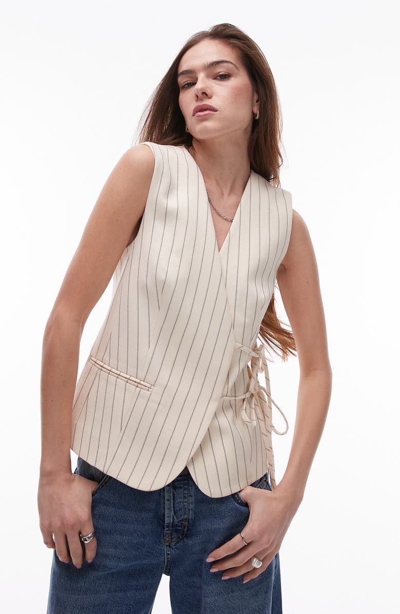 Topshop Pinstripe Side Tie Waistcoat, Main, color, Beige