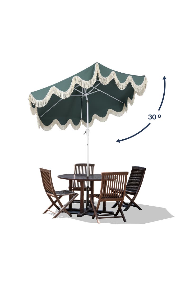 JONATHAN Y Collins Bohemian Fringe Outdoor Patio Umbrella with Crank Lift and Tilt, Scalloped UV-Resistant Canopy, Aluminum Pole, Alternate, color, Green/White Pole