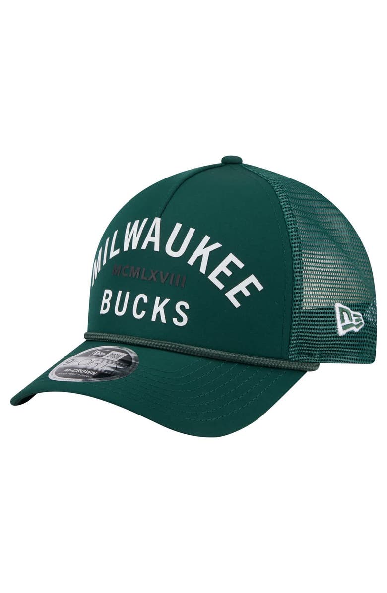 New Era Men's New Era  Hunter Green Milwaukee Bucks Minimalist A-Frame 9FORTY Trucker Hat, Main, color, Hunter Green
