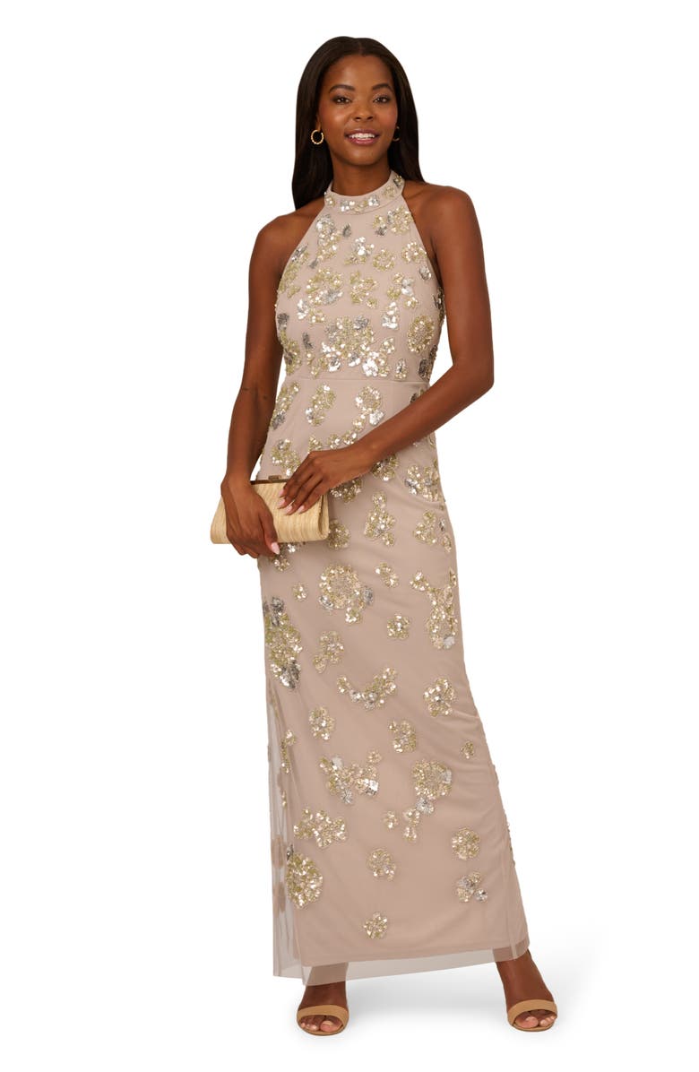 Adrianna Papell Sequin Floral High Neck Column Gown, Alternate, color,