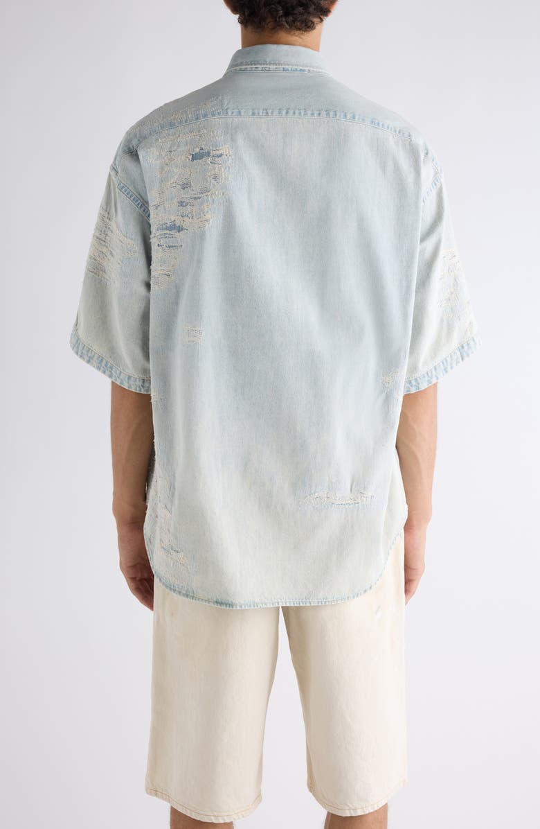 Acne Studios Setar Mending Distressed Short Sleeve Denim Button-Down Shirt, Alternate, color, Light Blue