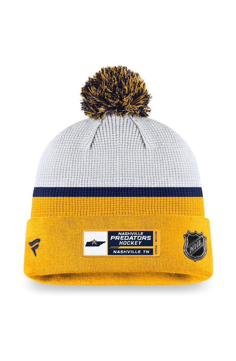 FANATICS Men's Fanatics Branded White/Gold Nashville Predators Authentic Pro Draft Cuffed Knit Hat with Pom, Alternate, color, 