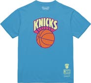 Mitchell & Ness Men's Mitchell & Ness Light Blue New York Knicks Hardwood Classics Arctic Sunset Neon Retro Logo T-Shirt