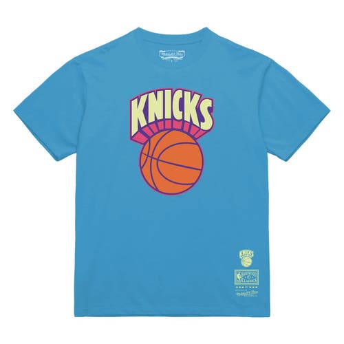 Mitchell & Ness Light Blue New York Knicks Hardwood Classics Arctic Sunset Neon Retro Logo T-shirt