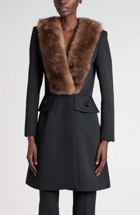 Grisaille Wool Coat with Genuine Fur Trim