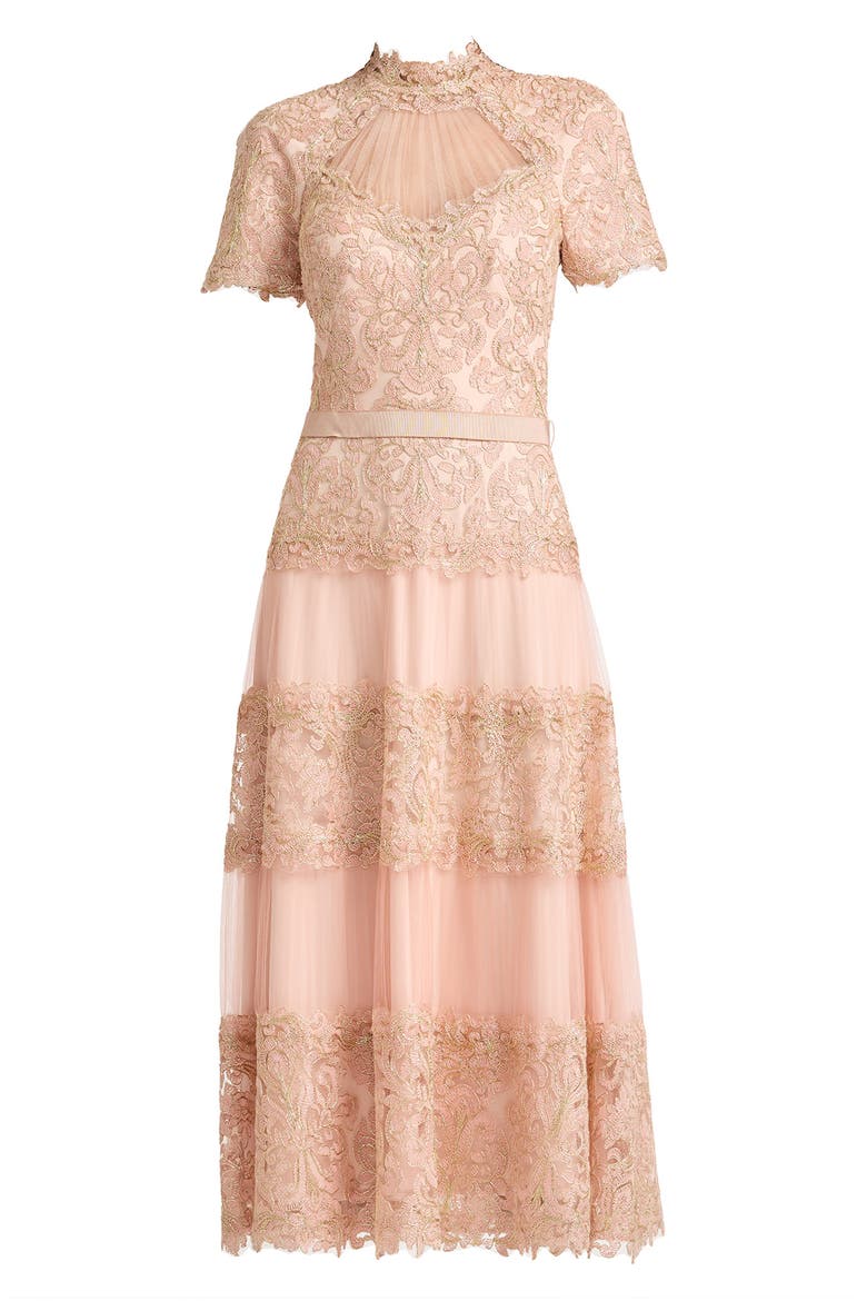 Lace & Mesh Midi Cocktail Dress, Alternate, color, PETAL/ GOLD
