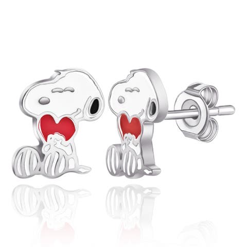 Snoopy Heart Stud Earrings, Silver Plated
