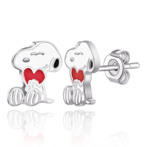 Peanuts Snoopy Heart Stud Earrings, Silver Plated In Silver