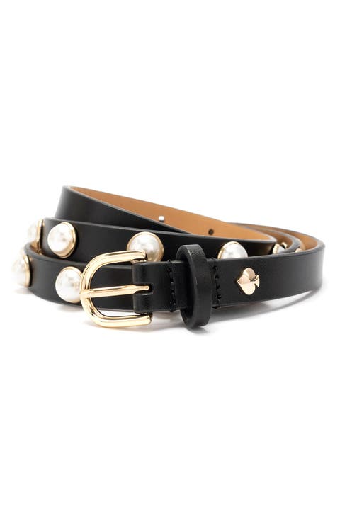 faux pearl stud leather belt