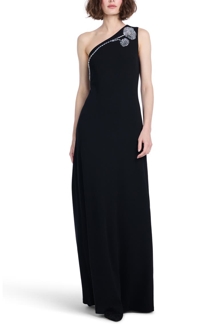 Crystal One-Shoulder Stretch Crepe Gown, Main, color, BLACK