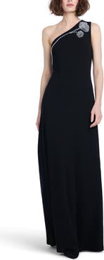 EMILY SHALANT Crystal One-Shoulder Stretch Crepe Gown