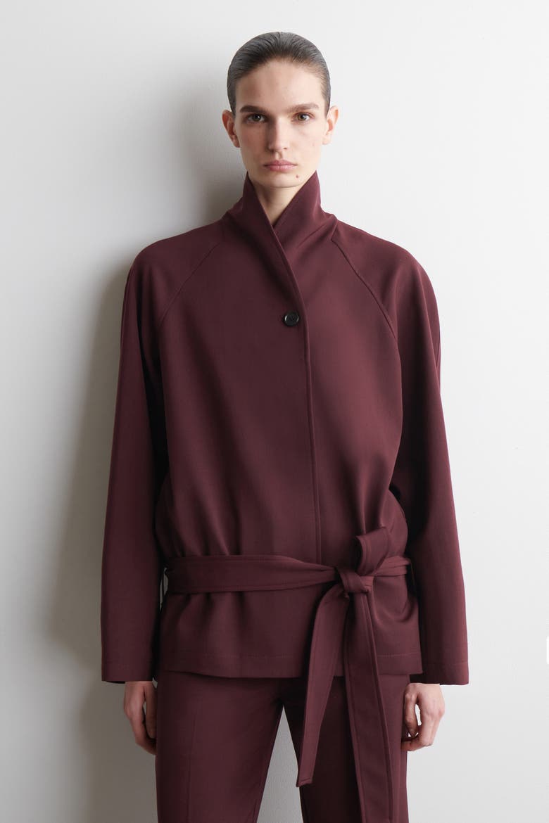 Belted Wool-Blend Shawl-Collar Jacket, Alternate, color, BURGUNDY