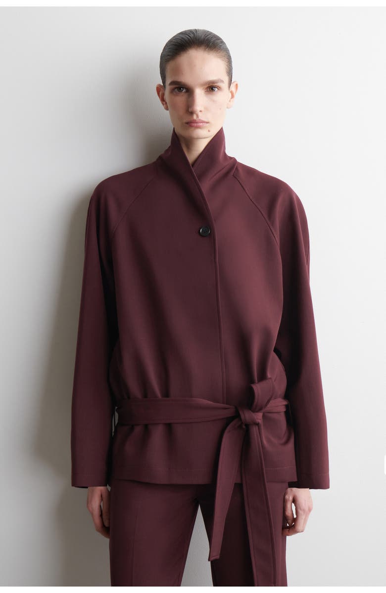 COS Belted Wool-Blend Shawl-Collar Jacket, Alternate, color, Burgundy