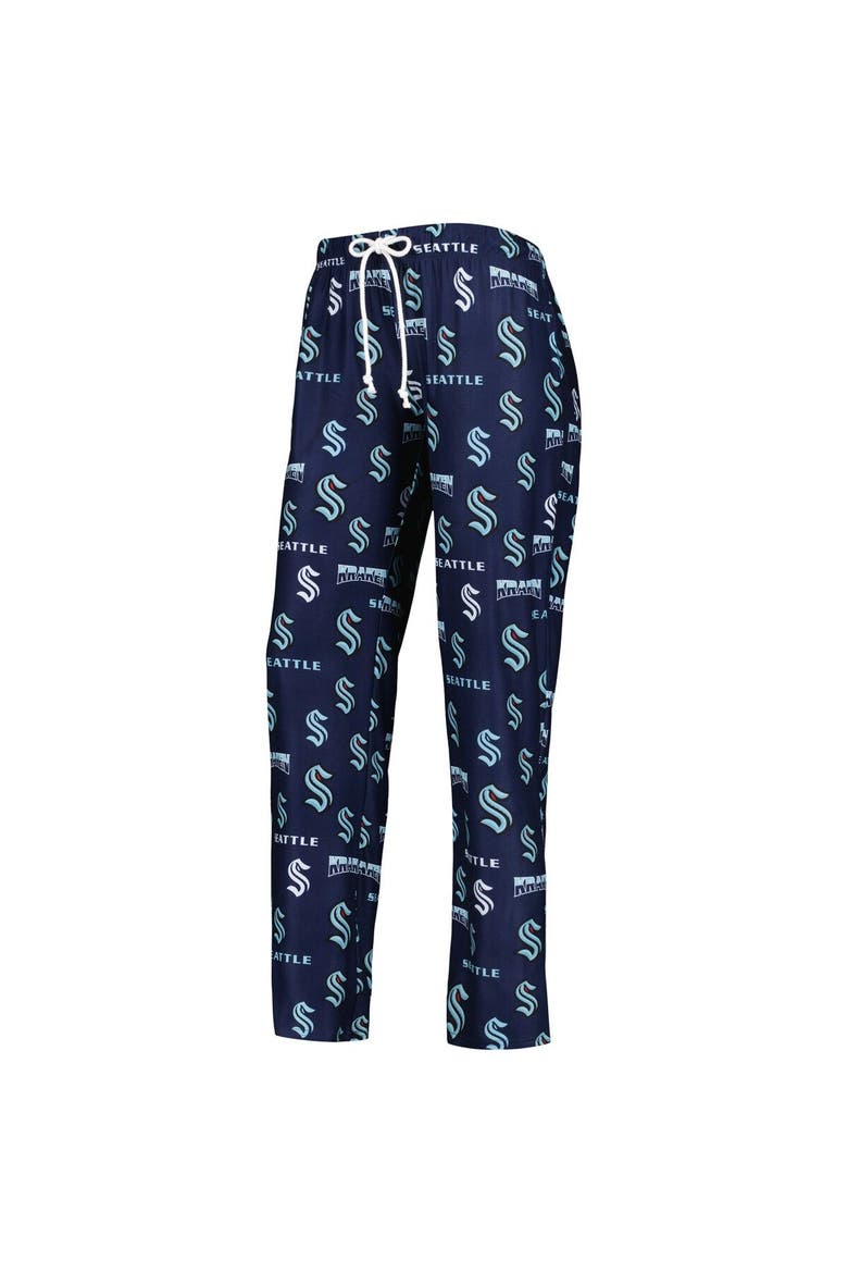 Women's Concepts Sport Deep Sea Blue Seattle Kraken Breakthrough Allover Logo Sleep Pants, Alternate, color, Navy