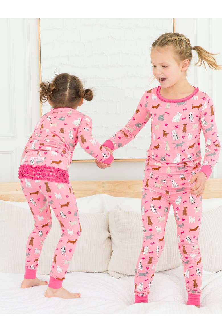 SoftSnooze Toddler Girls Ruffle Long Sleeve Pajama Set, Alternate, color, Pink Puppy Playtime