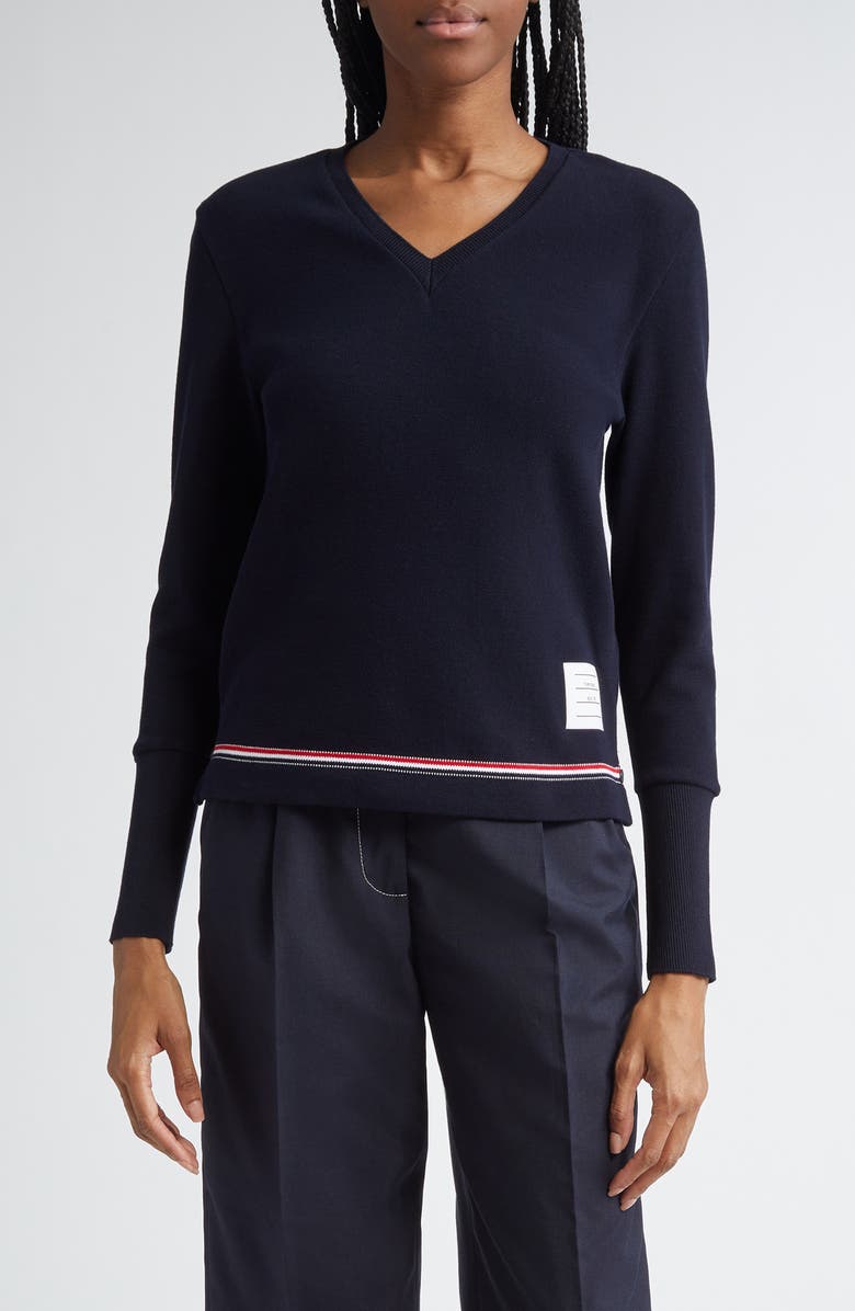 Thom Browne Tricolor Trim V-Neck Sweater, Main, color, 