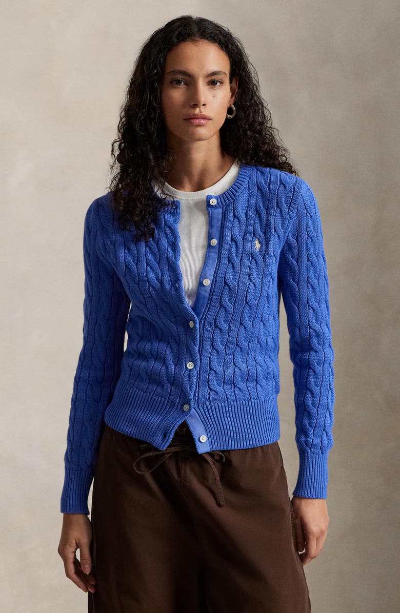 Polo Ralph Lauren Cable Knit Cotton Crewneck Cardigan, Alternate, color, Indigo Sky