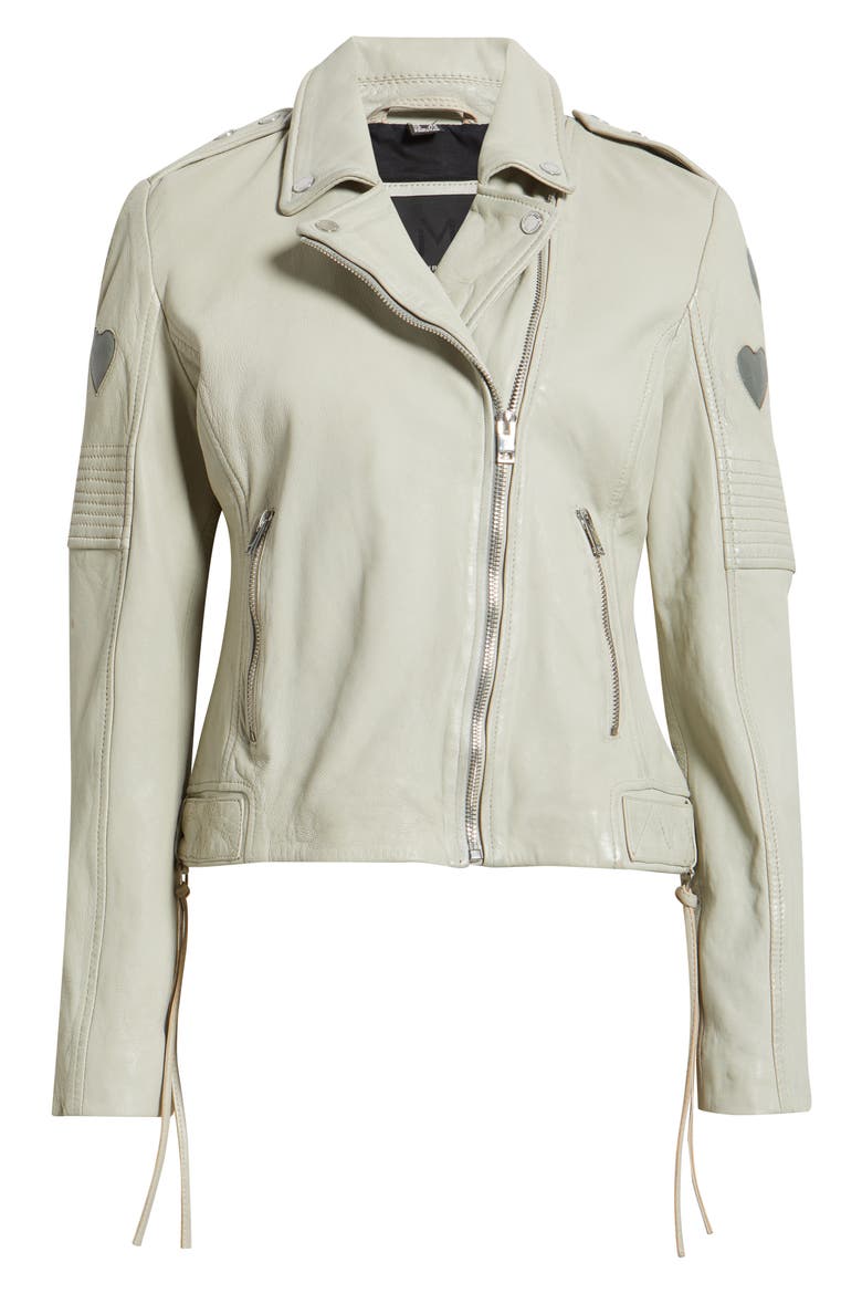 Reo Heart Detail Leather Moto Jacket, Alternate, color, OFFWHITE/ GREY
