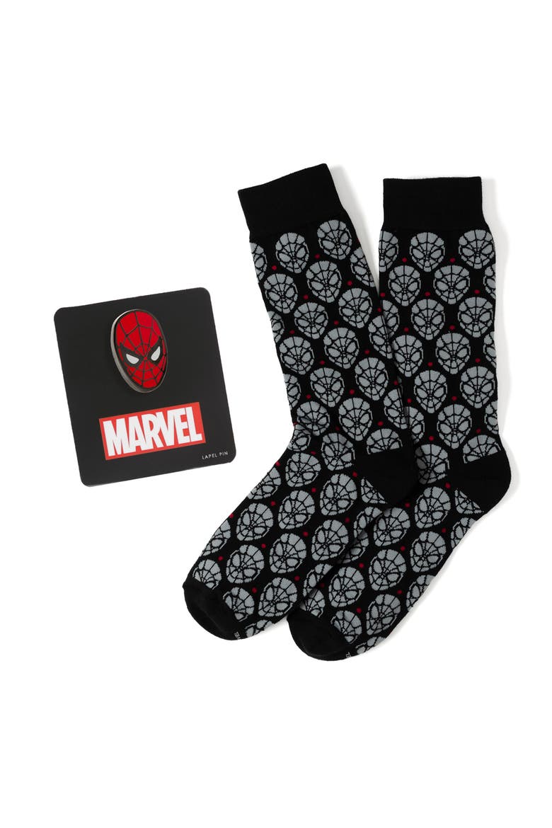 Spider-Man Crew Socks & Cuff Links Set, Main, color, BLACK