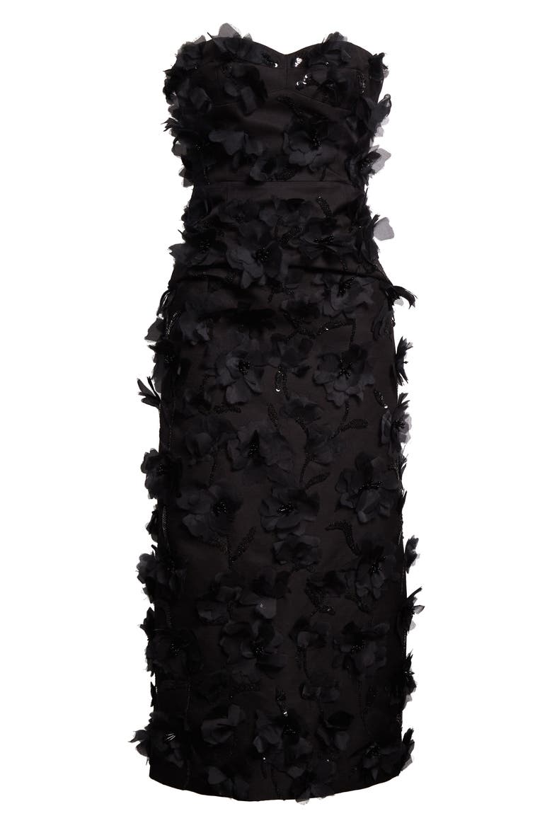 Floral Strapless Silk & Wool Dress, Alternate, color, BLACK