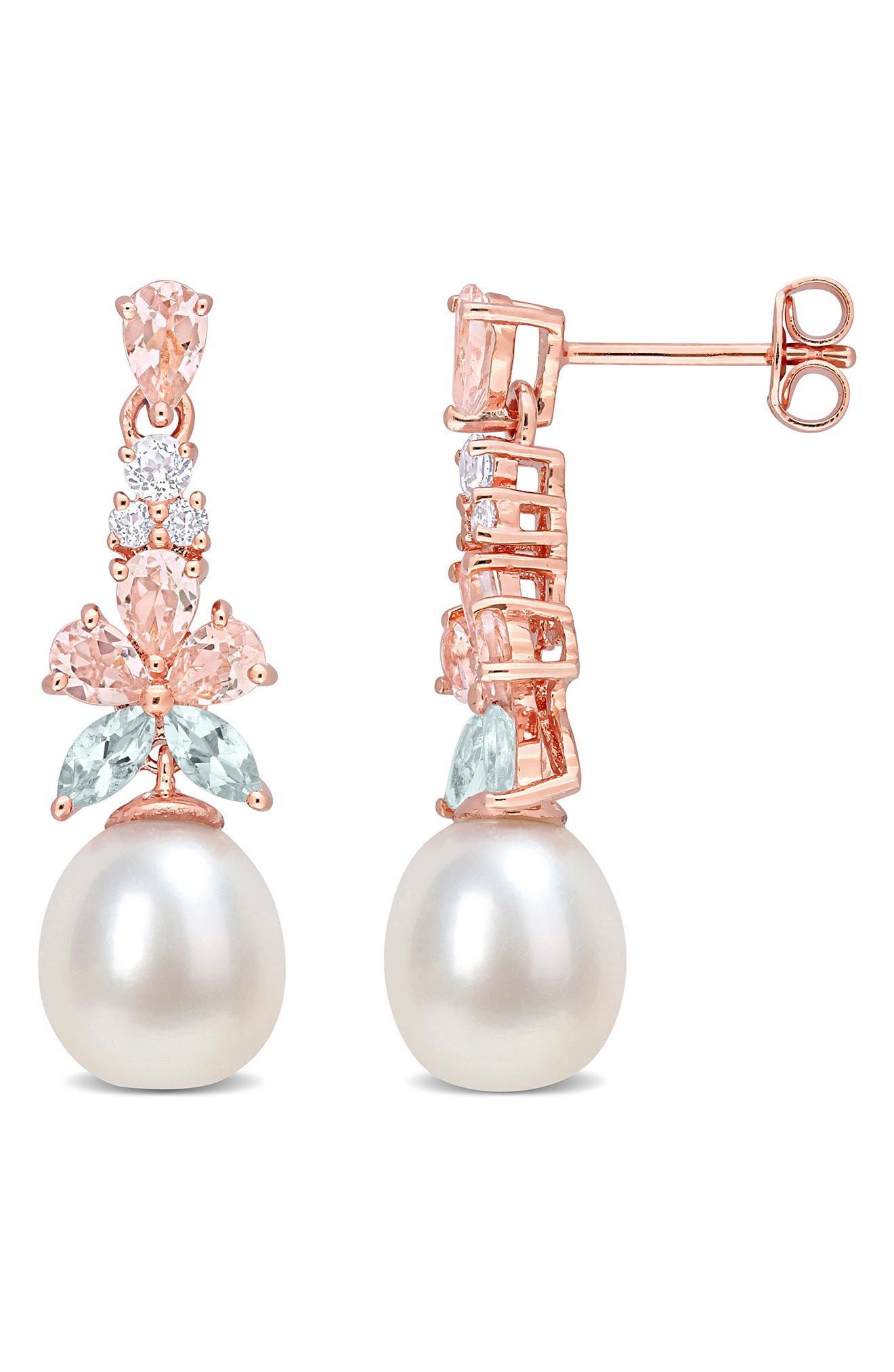 18K Rose Gold Plated Morganite, White Topaz, Aquamarine & 8.5–9mm Cultured Pearl Drop Earrings